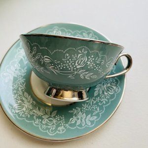 Royal Jackson Bone China Footed Sage Silver Tea Cup & Saucer Set Rare